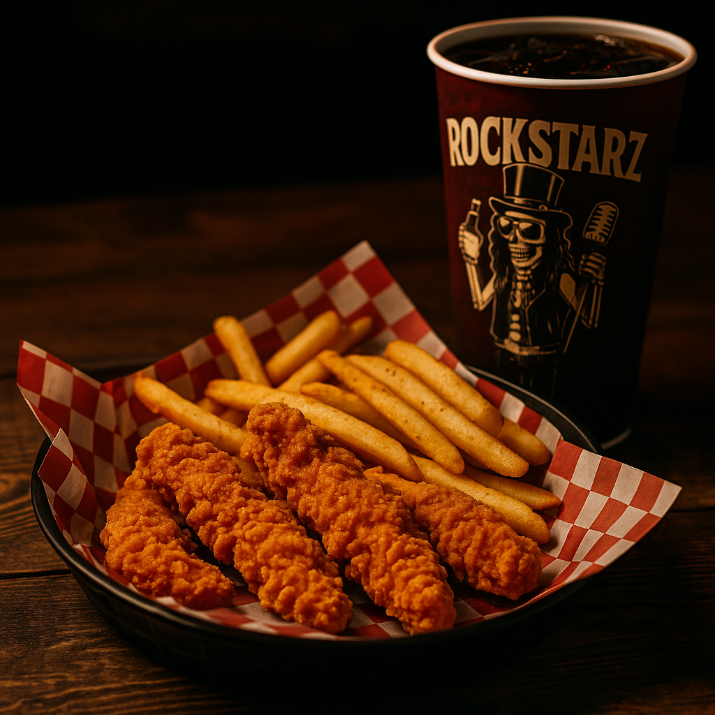 Chicken tenders with fries and fountain drink served at Rockstarz Bar in Garden City, Michigan