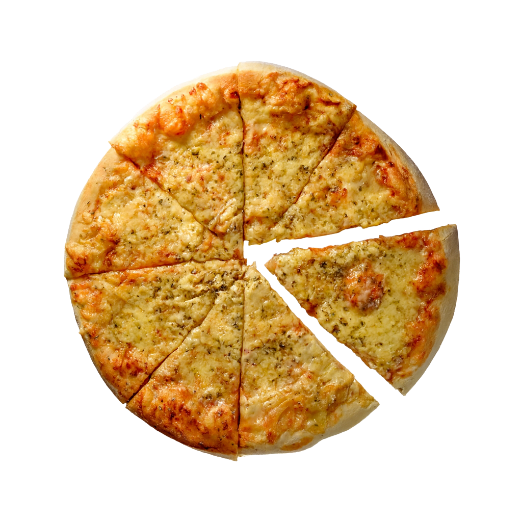 A full cheese pizza sliced into eight pieces with two slices slightly separated