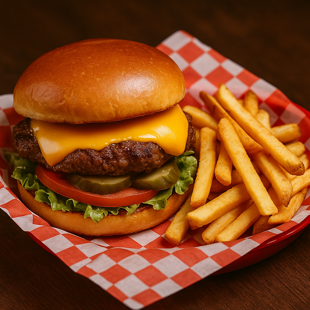 Cheeseburger basket with golden fries served at Rockstarz Bar in Garden City, Michigan