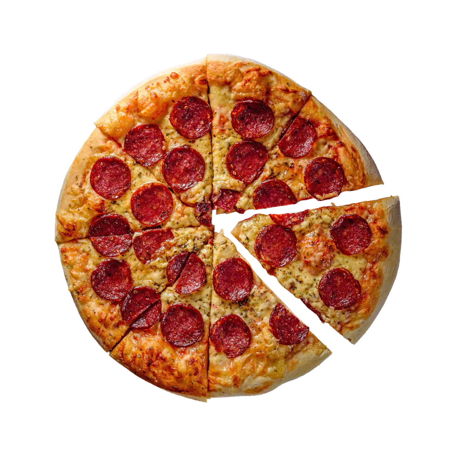 A full pepperoni pizza sliced into eight pieces with two slices slightly pulled away