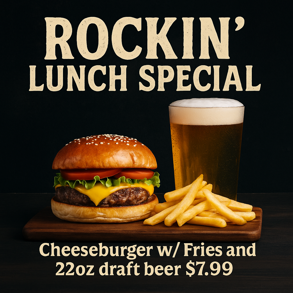 Rockin' Lunch Special featuring a cheeseburger, fries, and a 22oz draft beer at Rockstarz Bar in Garden City, Michigan.