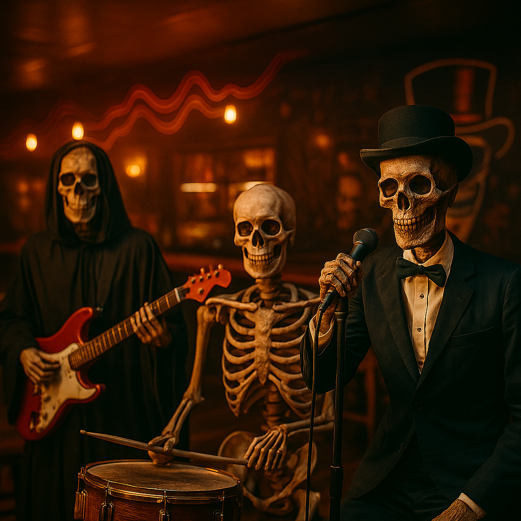 Three skeleton mascots performing inside Rockstarz bar, with one playing guitar, one on drums, and one dressed in a tuxedo singing into a microphone under warm stage lighting.