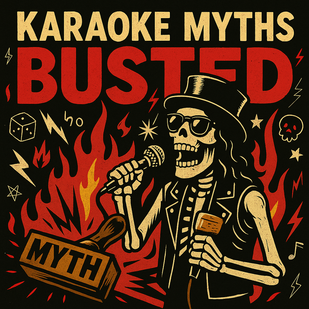 Illustrated skeleton rocker smashing through a cracked “MYTH” sign with bold text reading “Karaoke Myths Busted,” surrounded by flames, lightning bolts, skulls, and stars in gritty Rockstarz style.