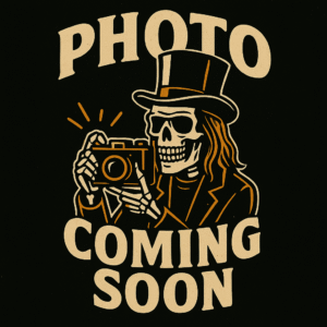 Stylized skeleton mascot holding a camera with “Photo Coming Soon” text on a black background for Rockstarz Bar.