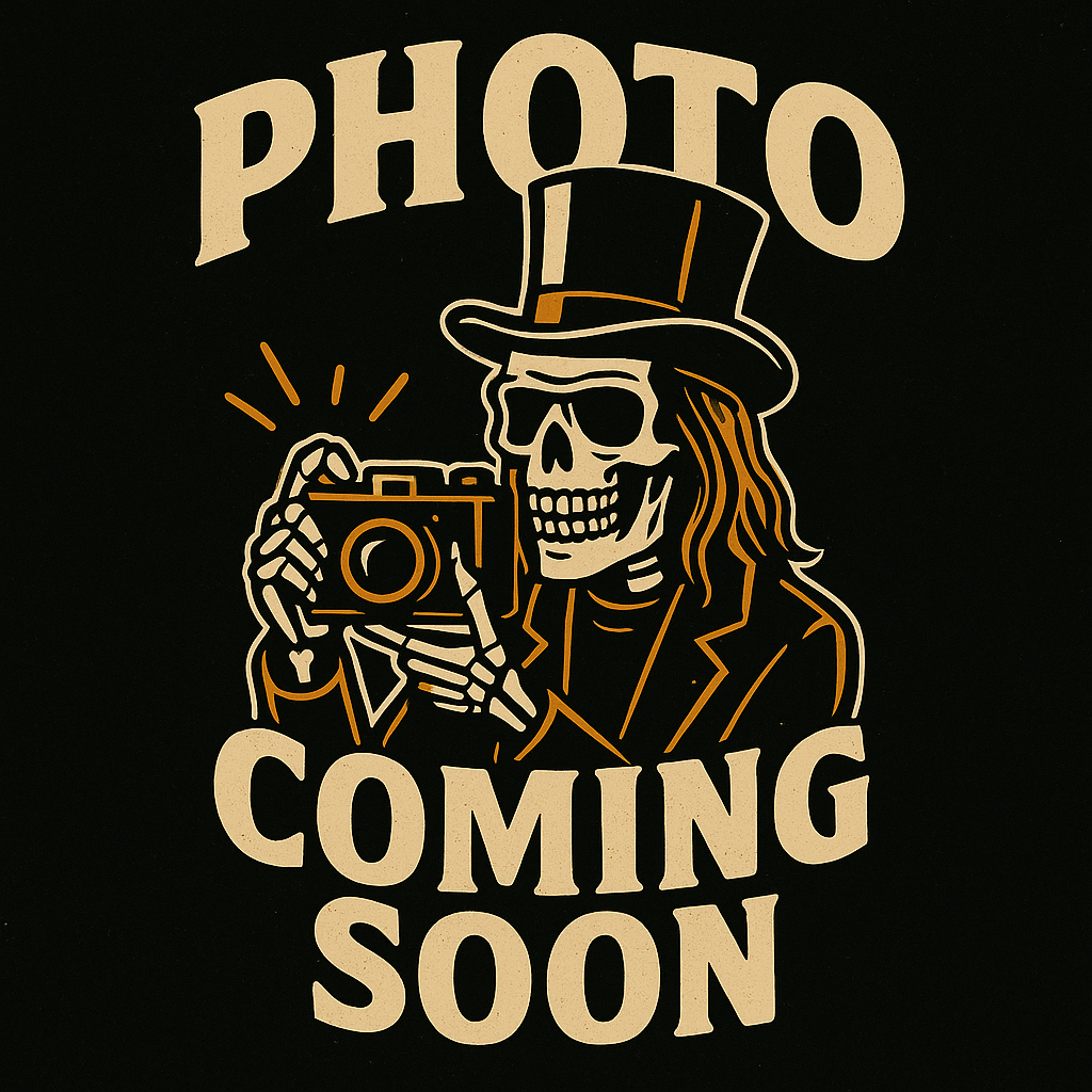 Stylized skeleton mascot holding a camera with “Photo Coming Soon” text on a black background for Rockstarz Bar.