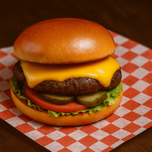 Classic cheeseburger with lettuce, tomato, and pickles on a toasted bun
