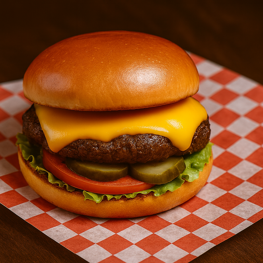 Classic cheeseburger with lettuce, tomato, and pickles on a toasted bun