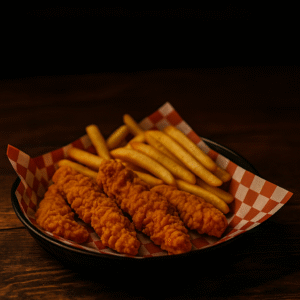 Crispy chicken tenders and golden fries served in a checkered basket at Rockstarz Bar