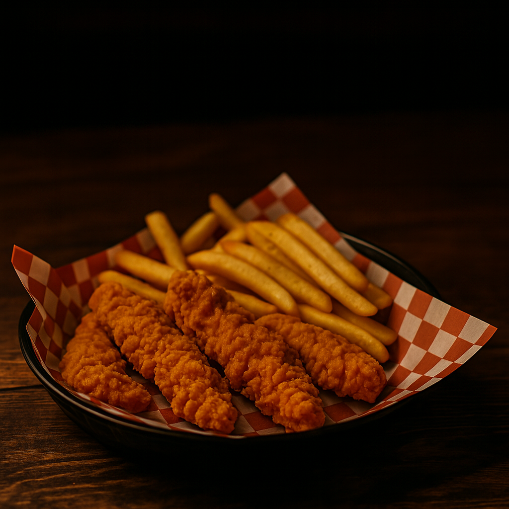 Crispy chicken tenders and golden fries served in a checkered basket at Rockstarz Bar