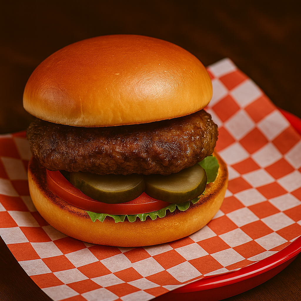 Classic hamburger served on a red checkered tray with fresh toppings, no fries