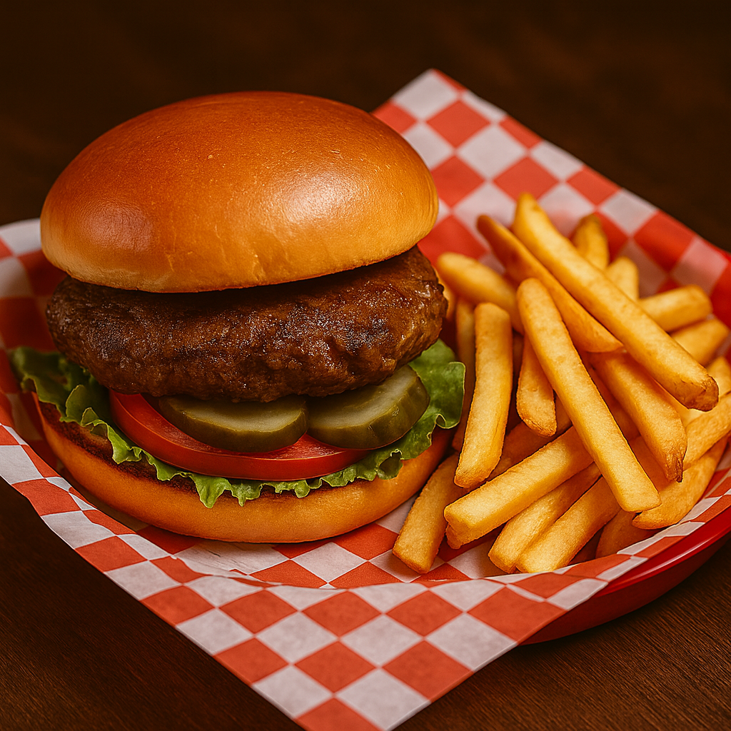 Hamburger basket with crispy golden fries served on checkered paper in a red tray at Rockstarz Bar.