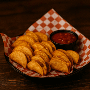 Crispy mini tacos filled with seasoned meat and cheese, served in a red checkered basket with salsa on the side.