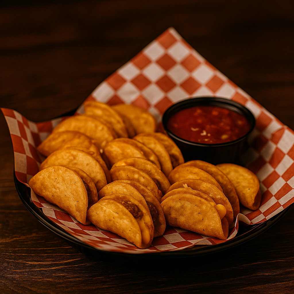 Crispy mini tacos filled with seasoned meat and cheese, served in a red checkered basket with salsa on the side.