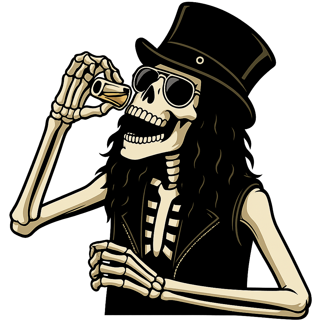 Rockstarz Bar skeleton mascot wearing sunglasses and a top hat while drinking a shot