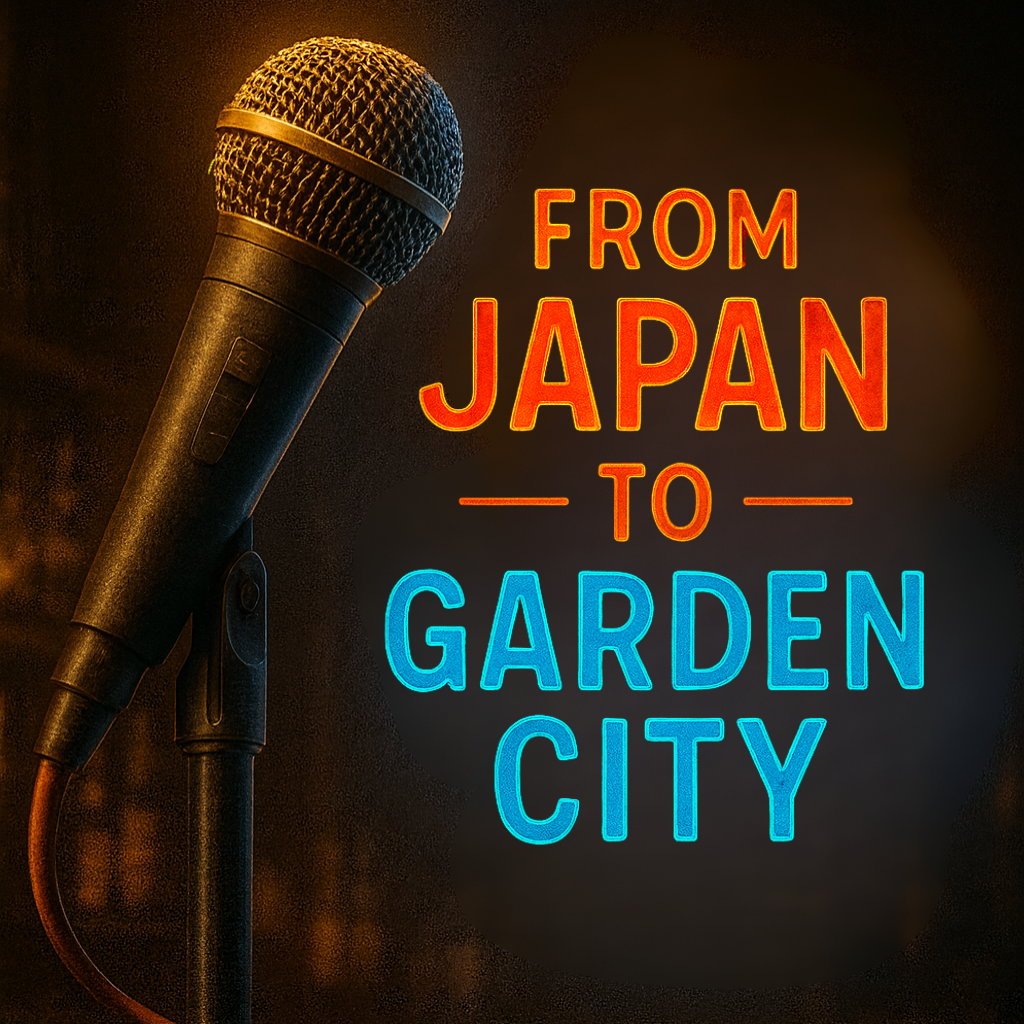 Vintage microphone with neon lights reading “From Japan to Garden City,” symbolizing the evolution of karaoke to Rockstarz in Garden City.
