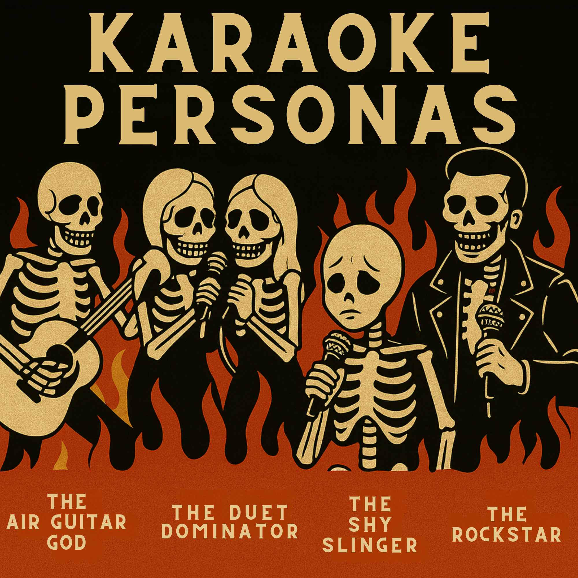 Illustrated lineup of skeleton characters representing karaoke personas: the Air Guitar God strumming an invisible guitar, two female skeletons as the Duet Dominator sharing a mic, the Shy Slinger nervously holding a microphone, and the Rockstar in a leather jacket confidently gripping a mic. Bold text above reads “Karaoke Personas.”