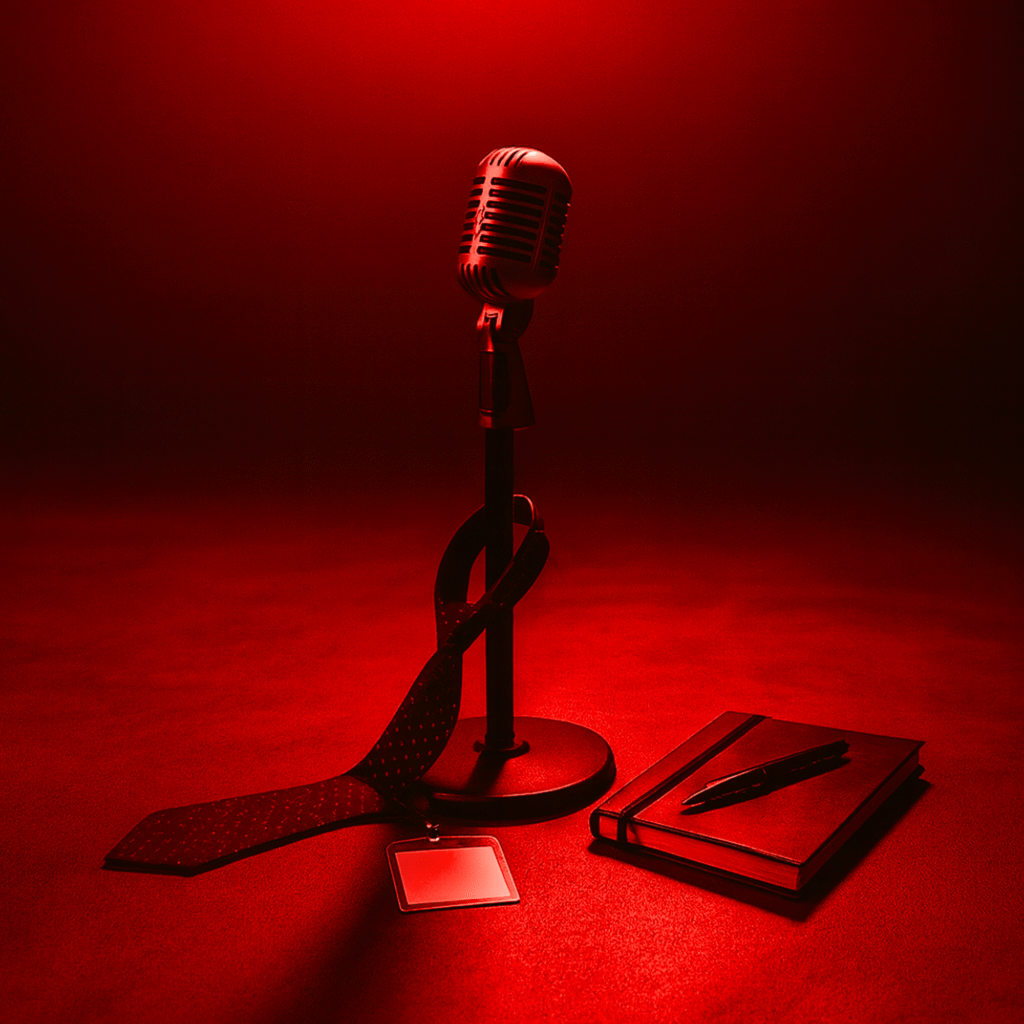 A vintage microphone stand illuminated by a red spotlight, surrounded by abandoned office items like a loosened tie, name badge, and notebook on a dimly lit stage, symbolizing post-work freedom at Rockstarz Bar.