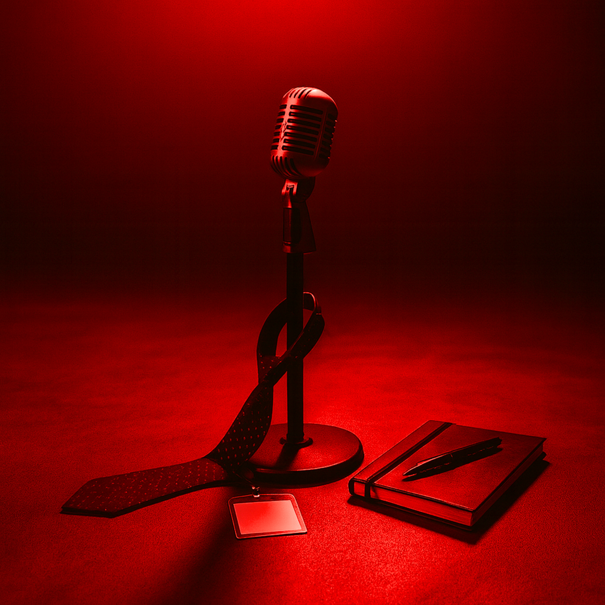 A vintage microphone stand illuminated by a red spotlight, surrounded by abandoned office items like a loosened tie, name badge, and notebook on a dimly lit stage, symbolizing post-work freedom at Rockstarz Bar.