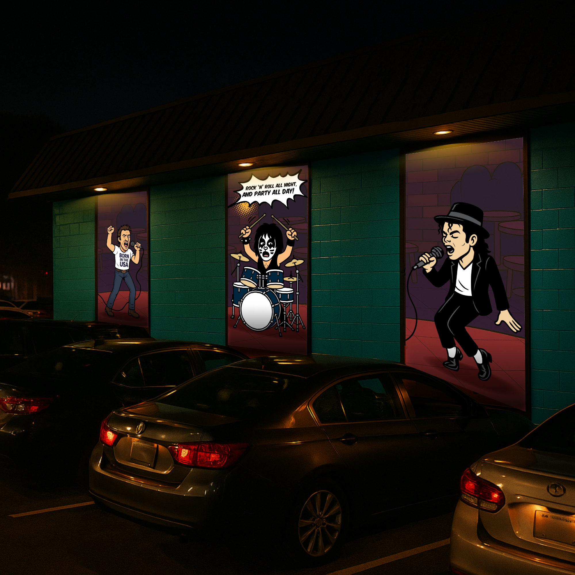 Exterior view of the Rockstarz Bar building at night, showing parked cars and three large murals on the turquoise brick wall featuring rock-and-roll caricatures of famous singers, illuminated by spotlights.
