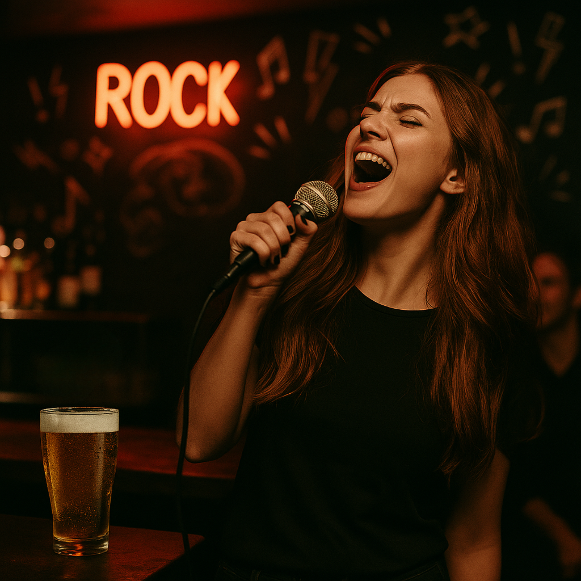 A red-haired woman passionately singing karaoke into a microphone, with a beer glass on a wooden bar and a neon "ROCK" sign glowing red in the background.