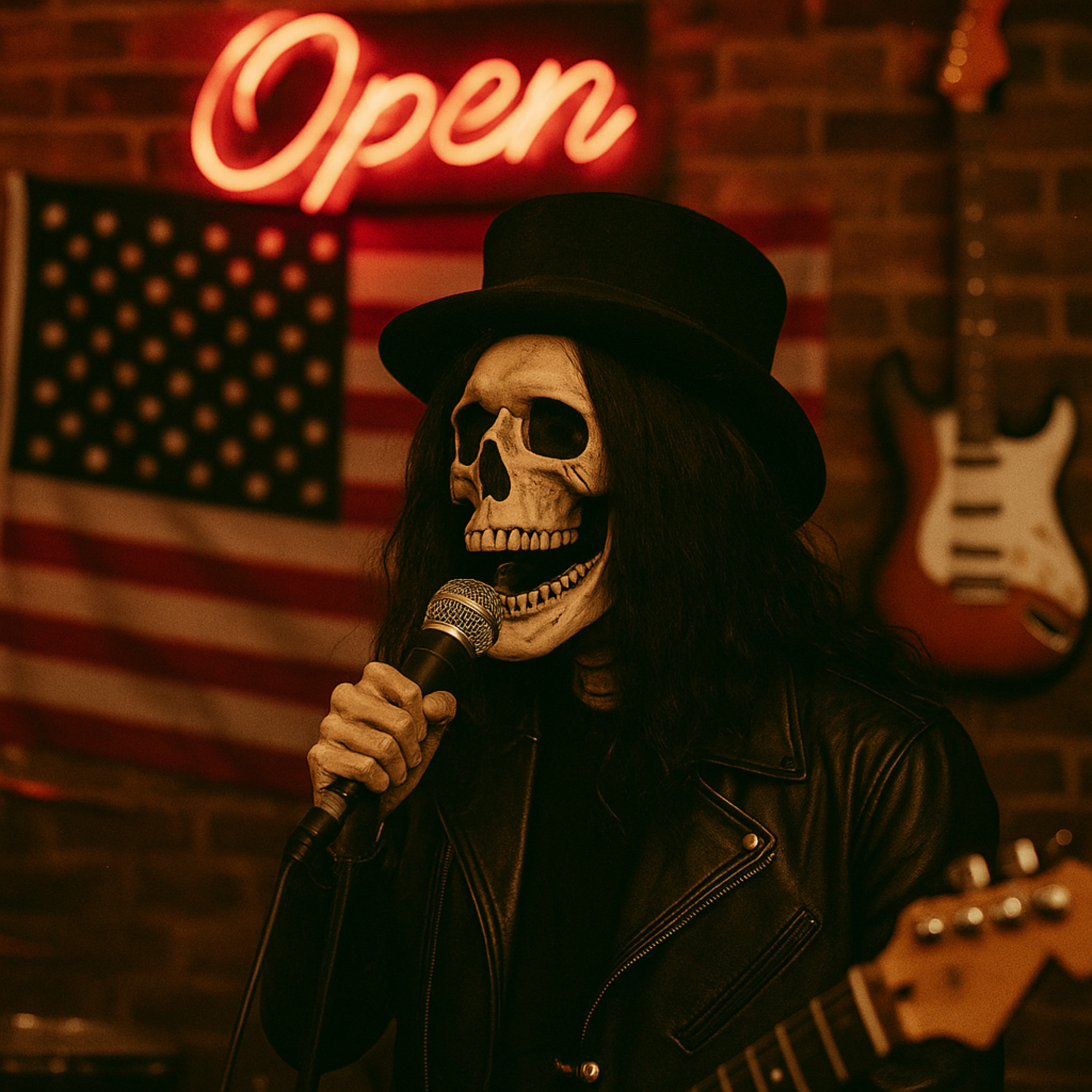 A skeleton performer in a leather jacket and top hat sings into a microphone on stage at Rockstarz, with an American flag and guitar in the background.