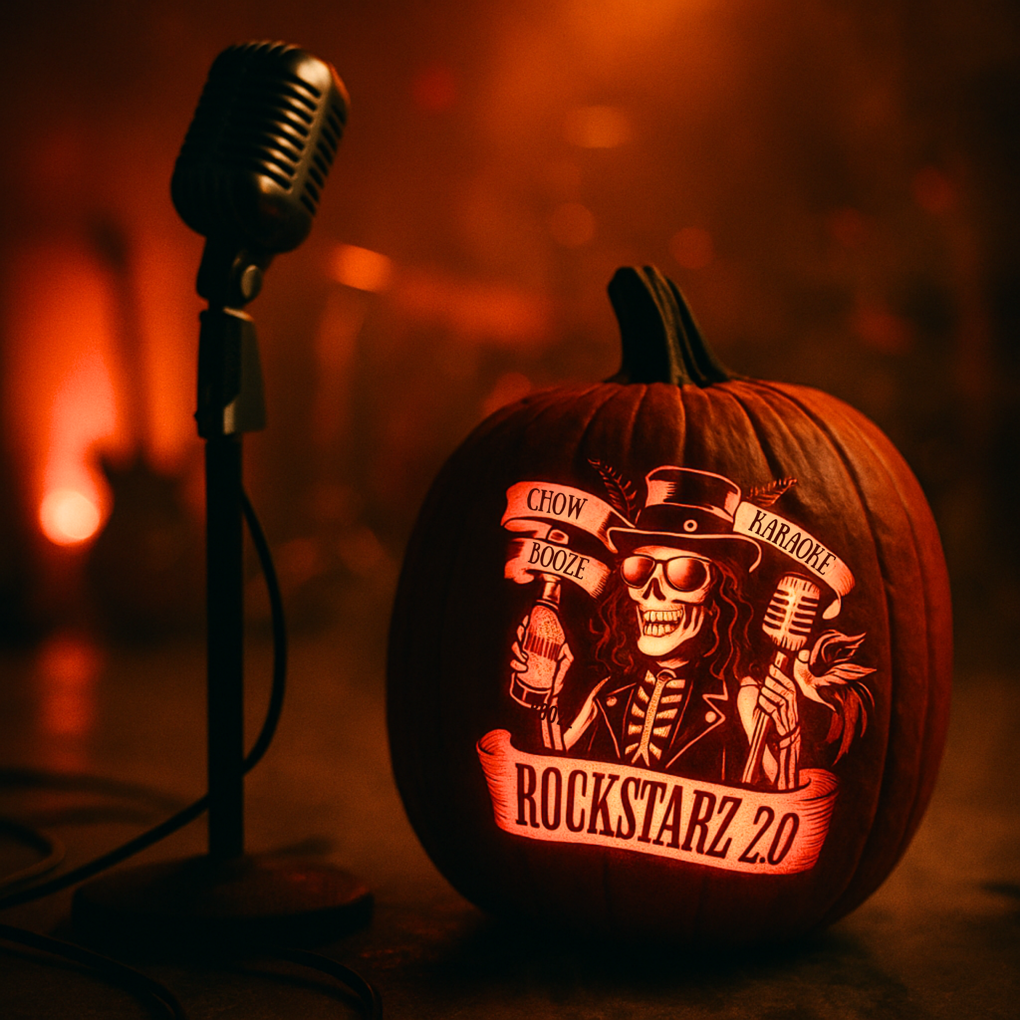 A pumpkin carved with the Rockstarz 2.0 skeleton mascot, wearing a top hat and holding a microphone and a bottle, illuminated by a warm, fiery orange light next to a vintage stage microphone.
