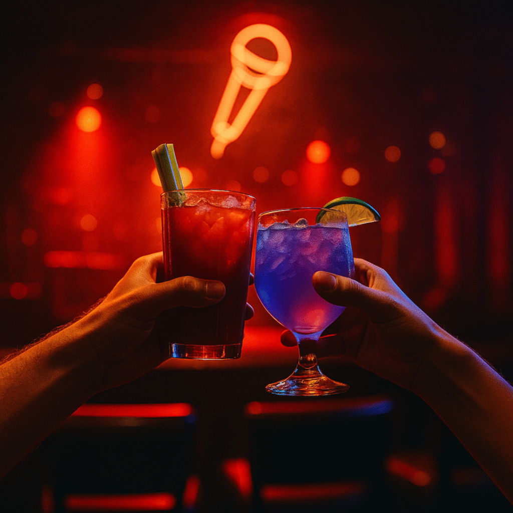 Two hands clinking colorful cocktails in front of a smoky, red-lit stage at Rockstarz Bar. One drink is a red Bloody Mary-style cocktail with celery, and the other is a vibrant blue drink with a lime garnish. A glowing neon microphone sign shines in the background, capturing the energy of a live rock bar atmosphere.