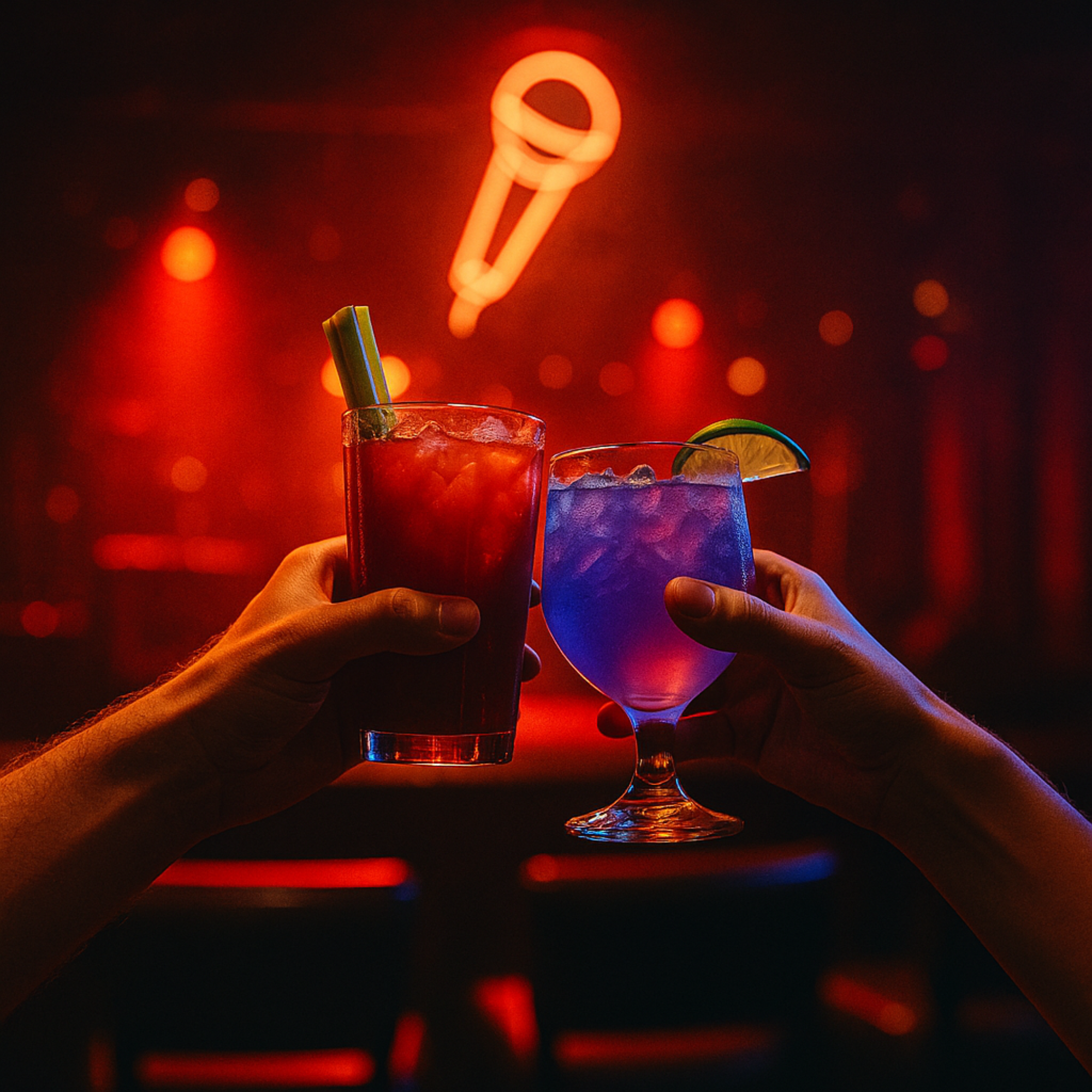 Two hands clinking colorful cocktails in front of a smoky, red-lit stage at Rockstarz Bar. One drink is a red Bloody Mary-style cocktail with celery, and the other is a vibrant blue drink with a lime garnish. A glowing neon microphone sign shines in the background, capturing the energy of a live rock bar atmosphere.