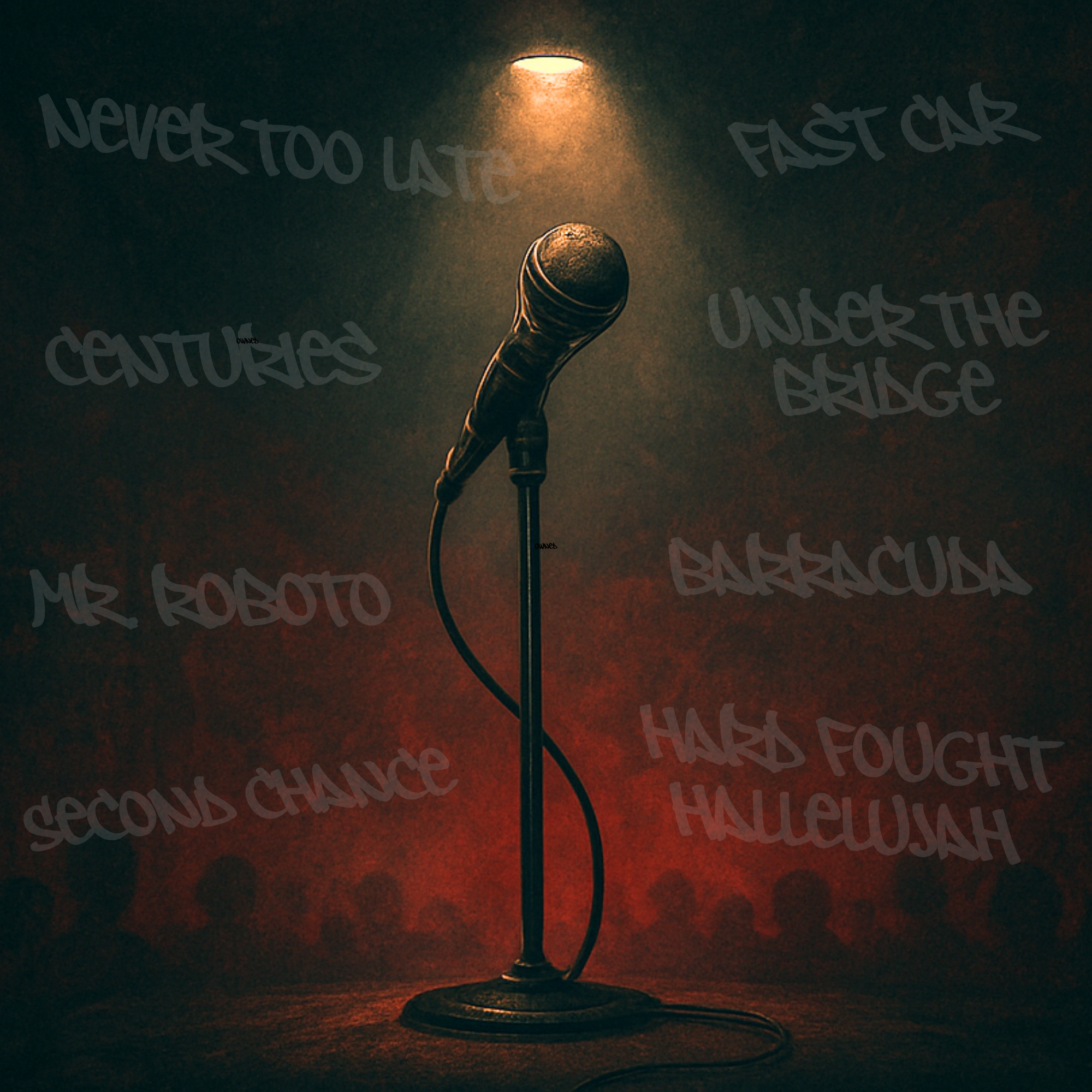 A moody, dimly lit stage featuring a vintage microphone under a single spotlight. Graffiti-style song titles like “Mr. Roboto,” “Barracuda,” “Second Chance,” and “Hard Fought Hallelujah” appear faintly on the red-and-black wall behind it, capturing the gritty underground rock atmosphere of Rockstarz Bar’s Deep Cuts karaoke theme.