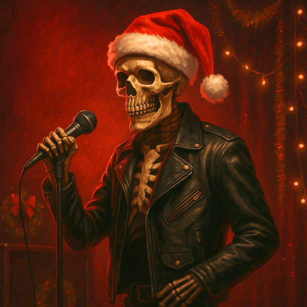 The Rockstarz skeleton mascot wears a leather jacket and a Santa hat while passionately holding a microphone, set against a dark red background with subtle holiday string lights.