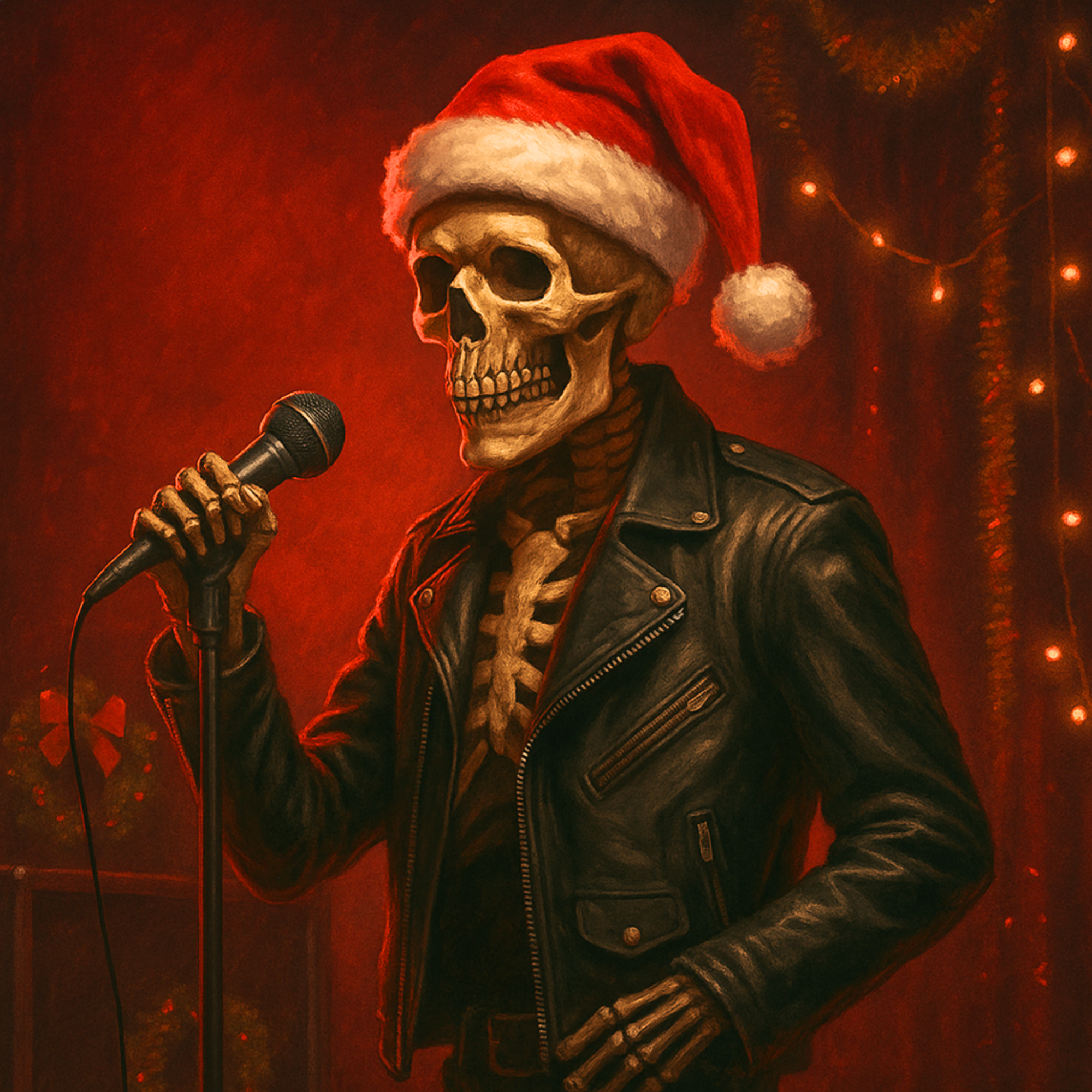 The Rockstarz skeleton mascot wears a leather jacket and a Santa hat while passionately holding a microphone, set against a dark red background with subtle holiday string lights.