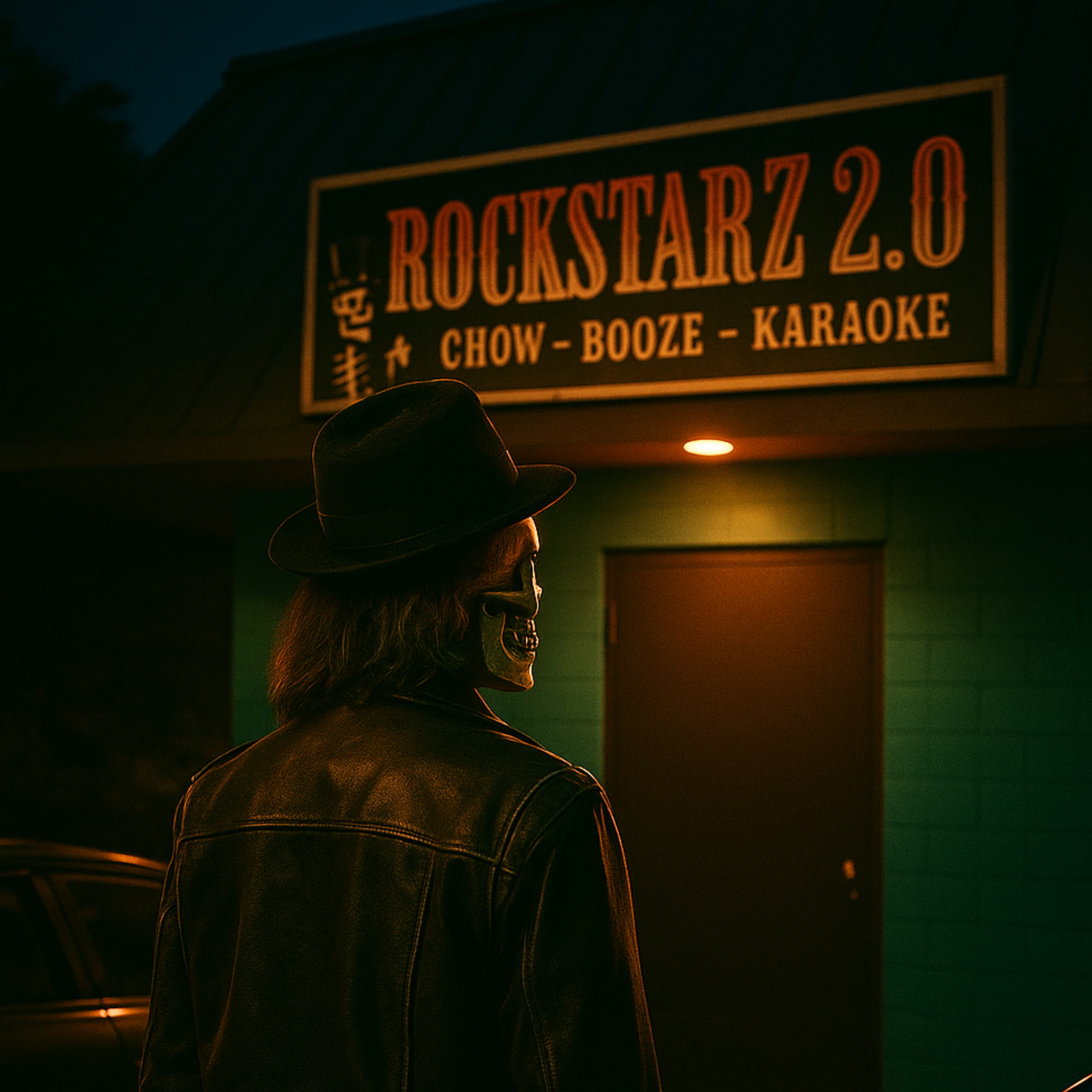 A realistic skeleton wearing a black leather jacket and fedora stands in a dimly lit parking lot outside Rockstarz 2.0 in Garden City, Michigan. The glowing red “ROCKSTARZ 2.0 – CHOW · BOOZE · KARAOKE” sign illuminates the teal brick wall as the skeleton faces the entrance, ready to head inside for karaoke night.