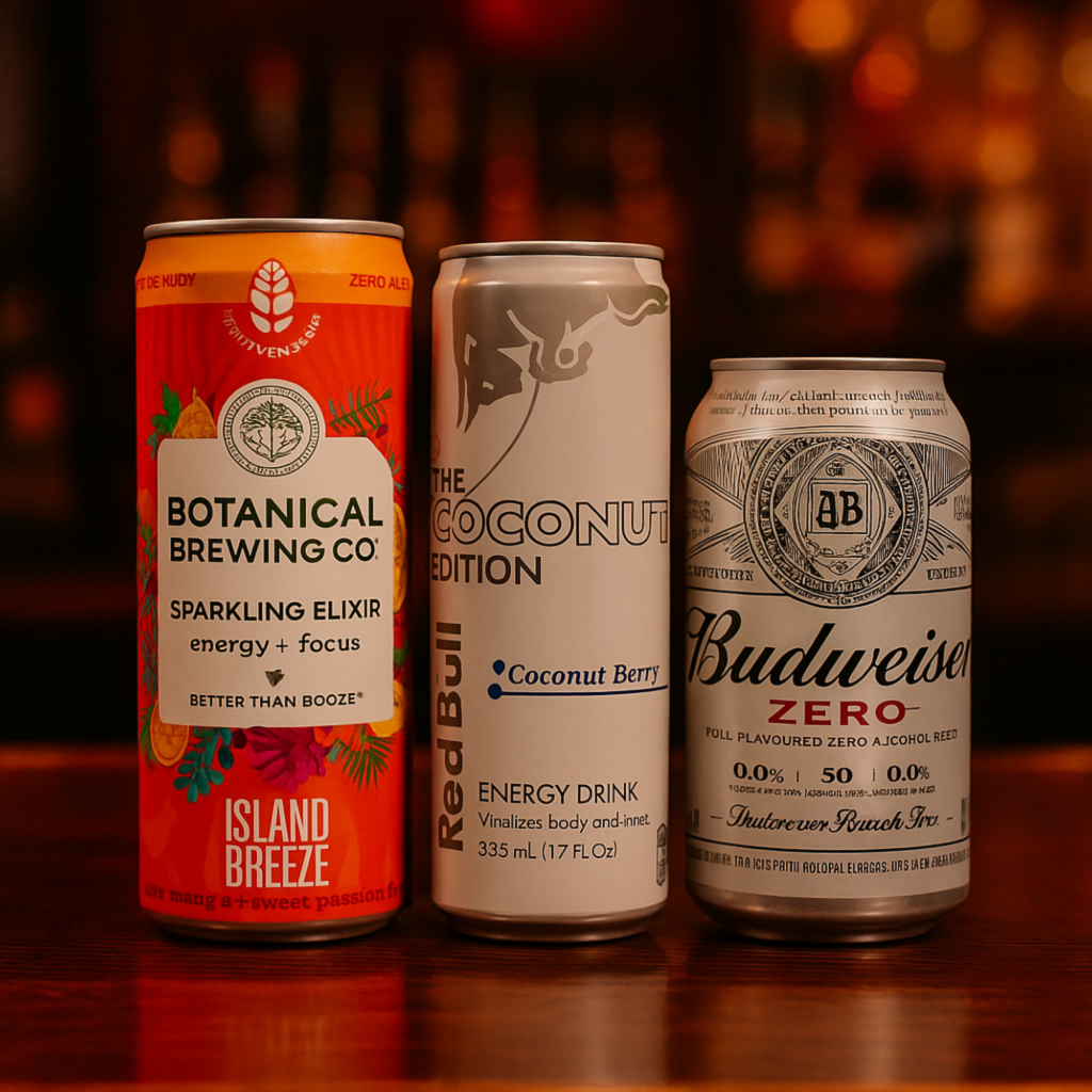 Three canned non-alcoholic beverages—a Sparkling Elixir (Kava), a Coconut Berry Red Bull, and a Budweiser Zero—displayed on a wooden bar top, representing non-alcoholic options for a clear-headed night out.