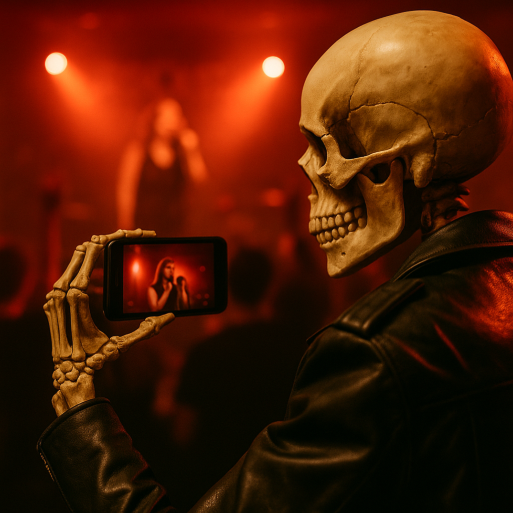 A skeleton wearing a black leather jacket films a karaoke singer on stage using a smartphone at Rockstarz Bar. The phone screen shows the performer clearly while red stage lighting and a blurred crowd create a dramatic, energetic atmosphere.