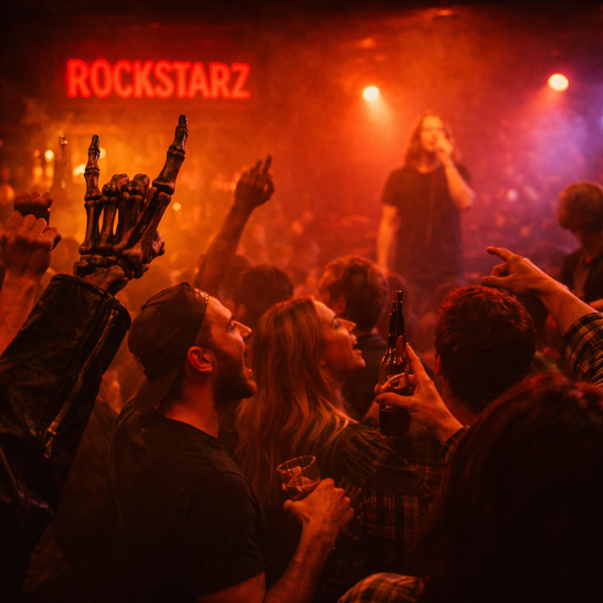 A crowded late-night scene inside Rockstarz Bar with people singing along during a high-energy karaoke performance. Red stage lighting, motion blur, raised drinks, and a lively crowd capture the chaotic, communal atmosphere of a 1 AM sing-along in Garden City, Michigan.