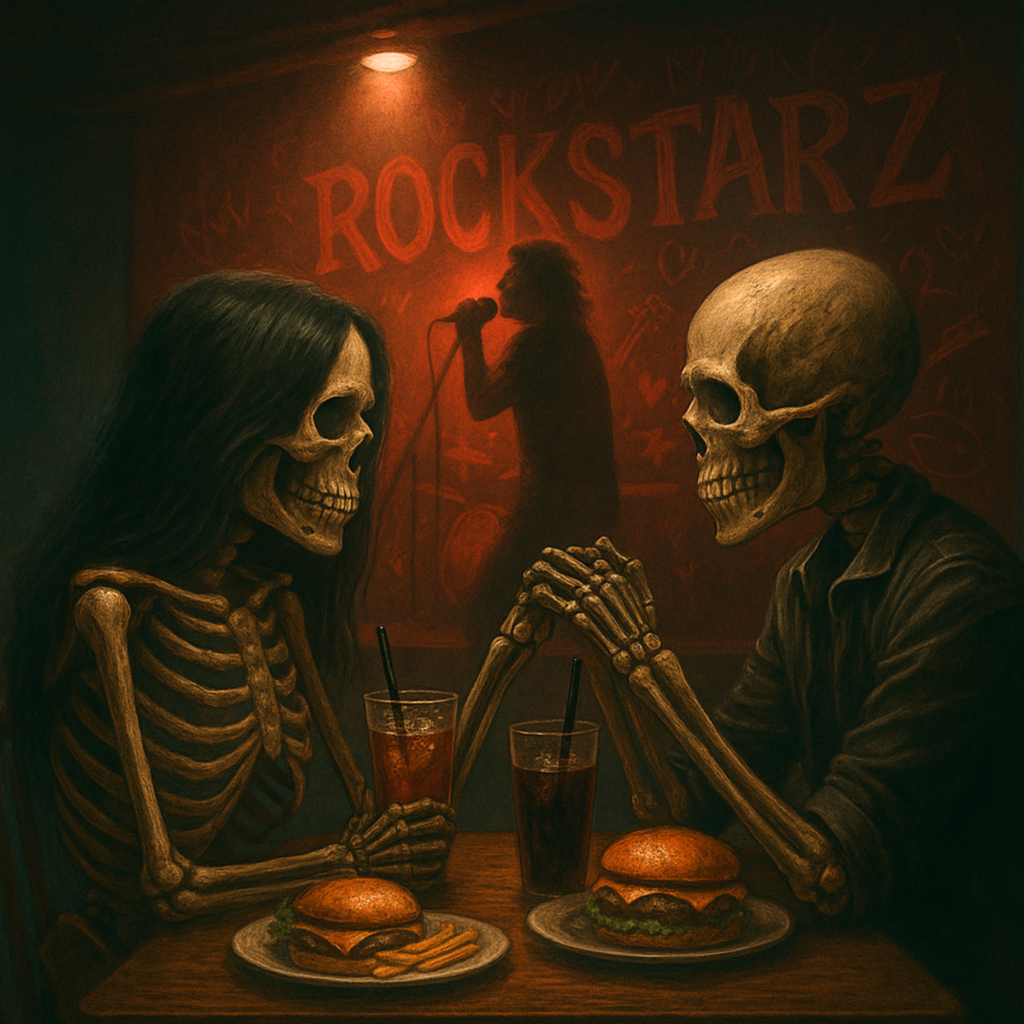 Two realistic skeletons sit at a small table inside Rockstarz Bar, sharing food and drinks during a date night. One skeleton has long black hair, the other is bald. In the background, the Rockstarz stage glows with red lighting as a singer performs karaoke, creating a warm, intimate, rock-themed atmosphere.