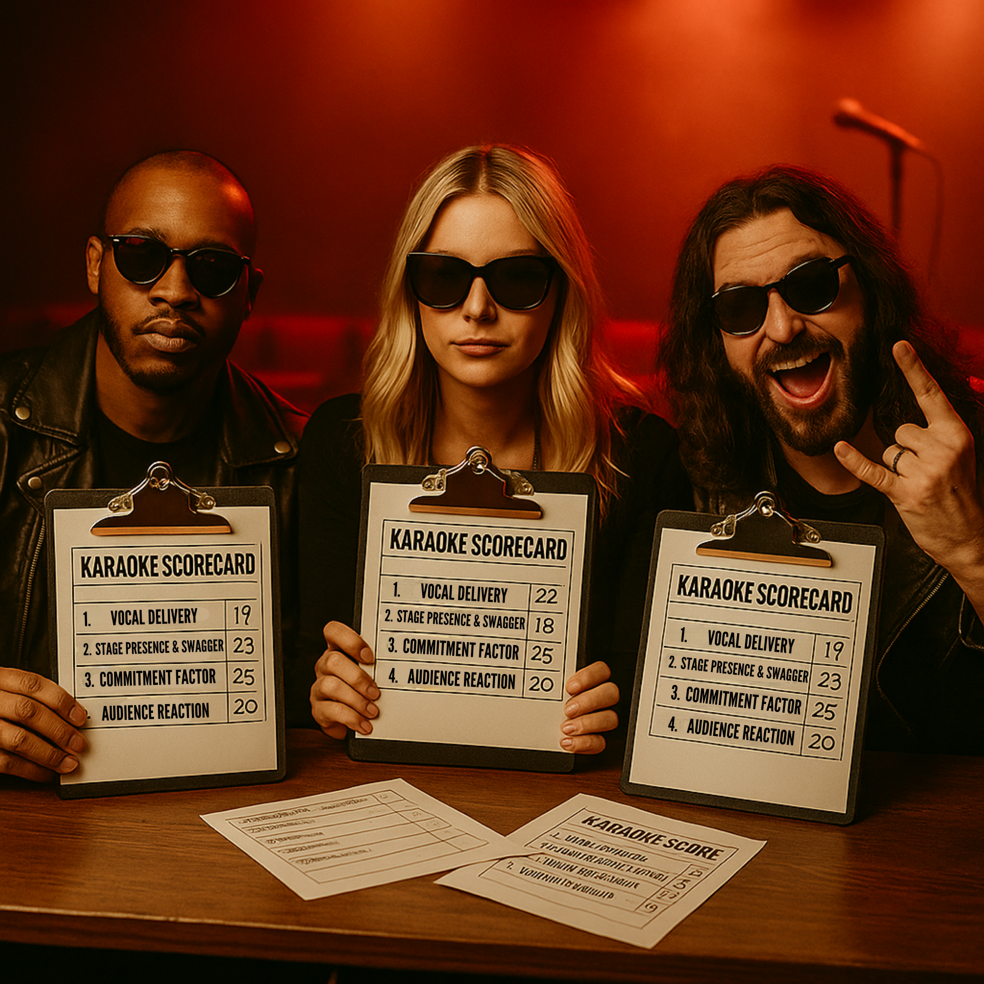 Three people wearing sunglasses holding up clipboards with a 'Karaoke Scorecard' used for rating a performance.