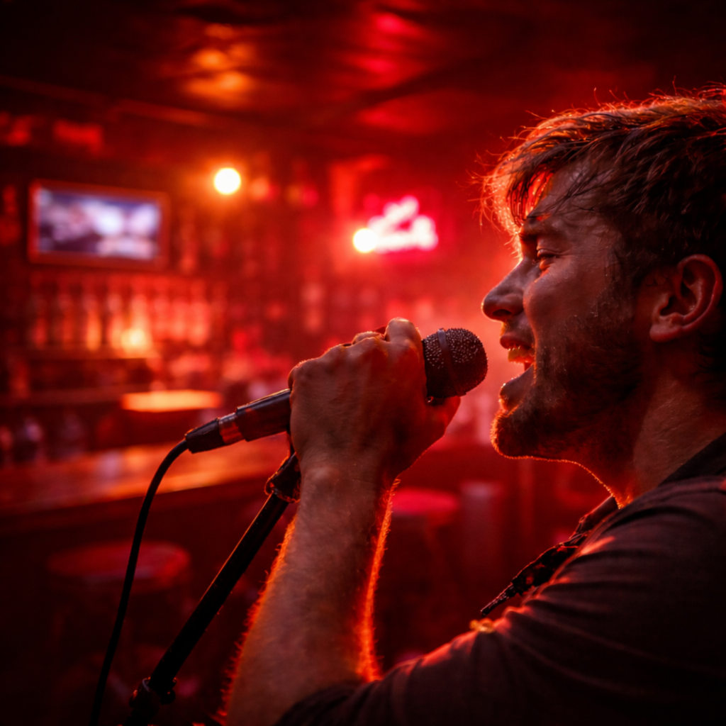 Close-up of a karaoke singer on stage at Rockstarz Bar, illuminated by red stage lighting during a live performance in Garden City, Michigan.