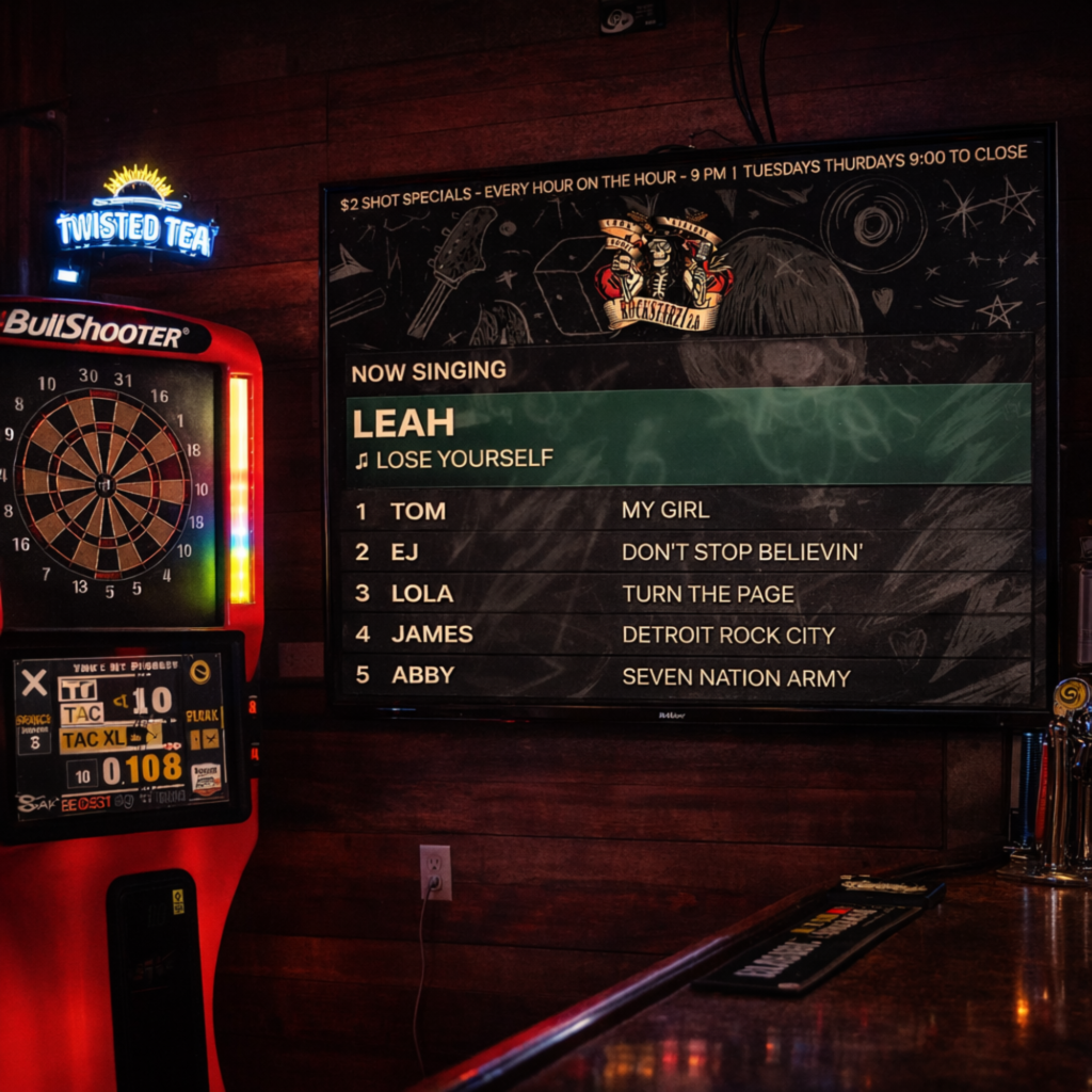 Karaoke queue displayed on a TV inside Rockstarz Bar with dartboards and neon lights in the background.