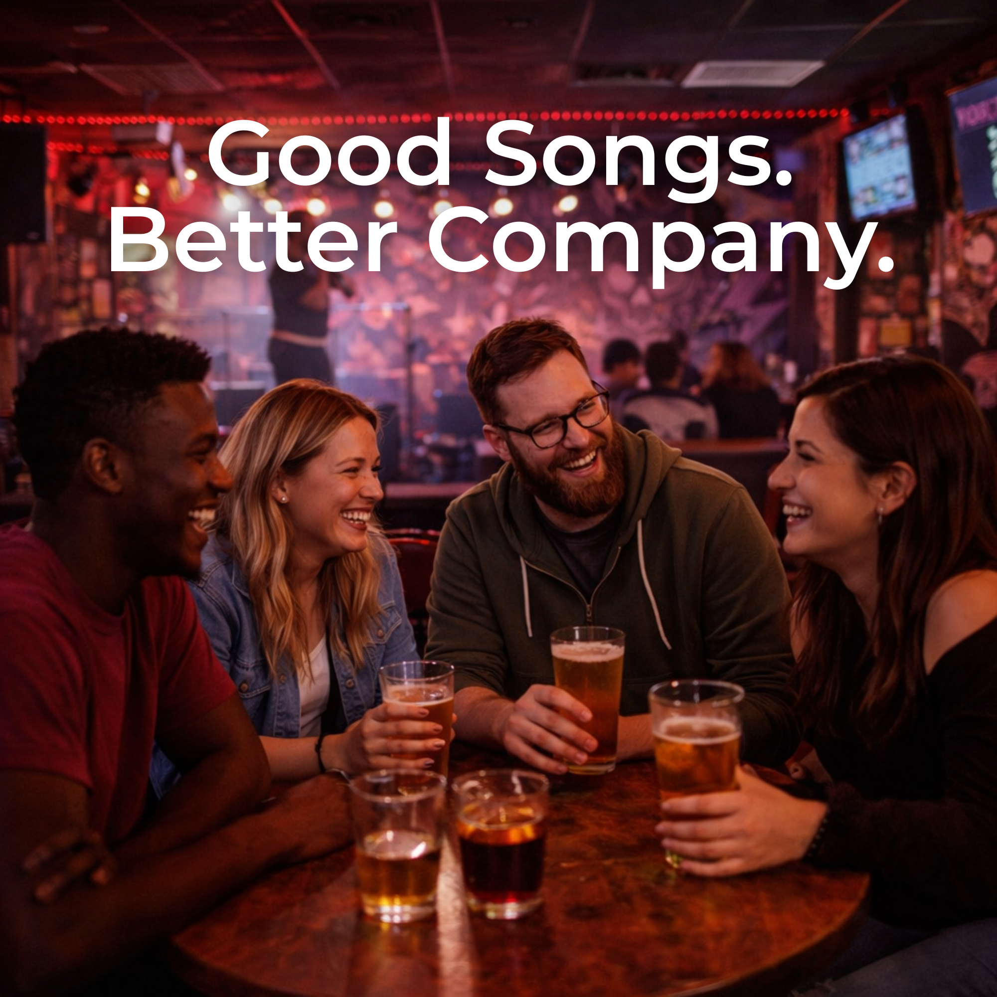 Friends laughing and sharing drinks at Rockstarz karaoke bar in Garden City, Michigan.