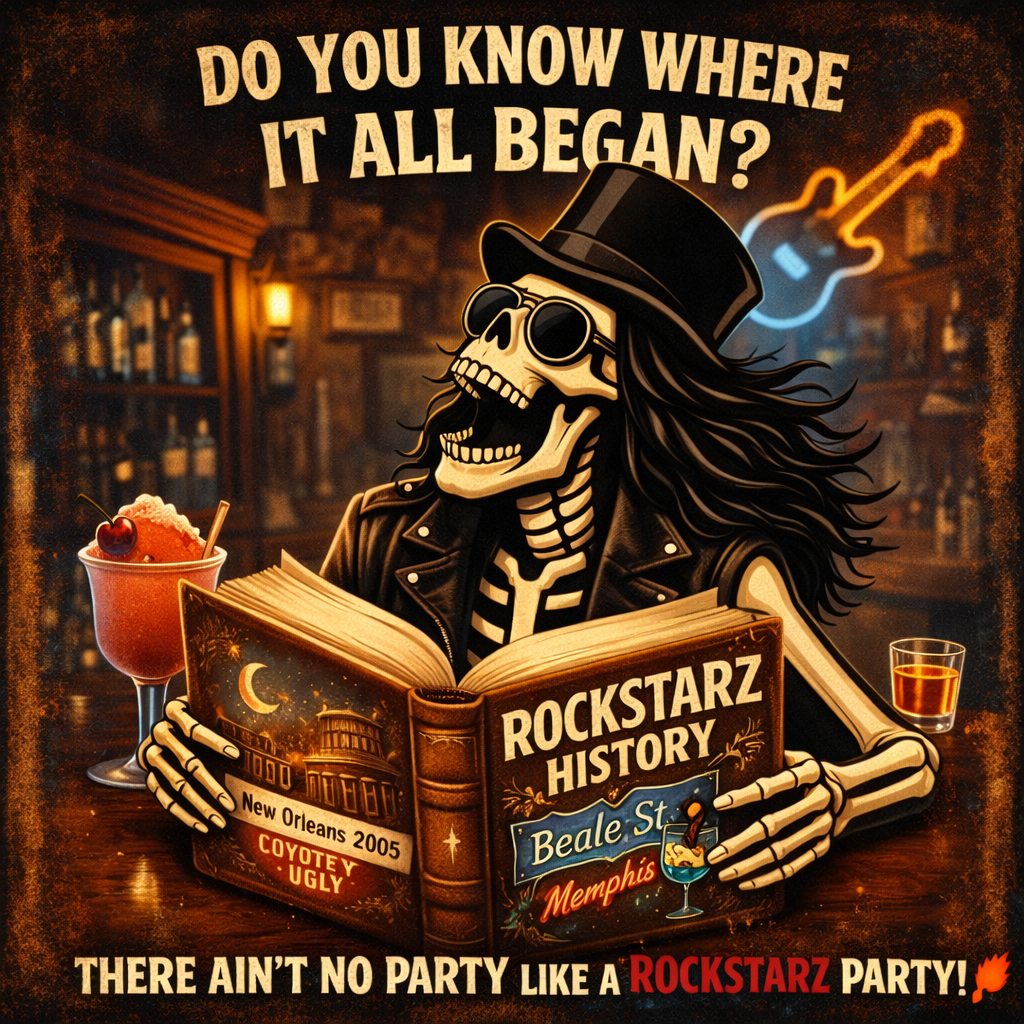 Rockstarz Bar skeleton mascot reading a book about the bar’s history in a nostalgic nightlife setting